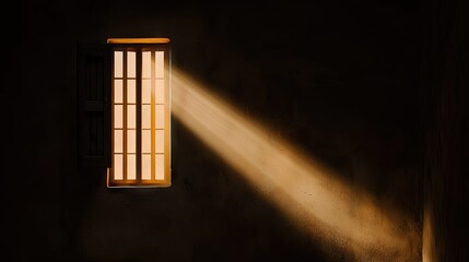 Obraz premium Light streams through a wooden window into a shadowed interior space