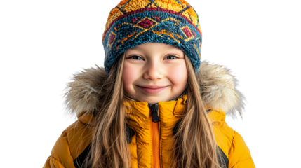 a little girl wearing a colorful hat and yellow jacket on a transparent background, PNG image, PNG file, Generative art.