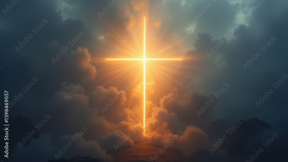 Poster radiant christian cross symbol shining through clouds against a mountainous backdrop with an apocaly
