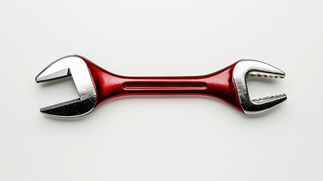 A red double ended wrench laying on a white surface