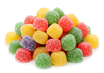 Colorful Sugar-Coated Gummy Candies Close-Up isolated on White background.