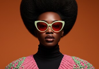 A fashionable Black woman wearing retro sunglasses, striking a stylish pose with her voluminous afro.