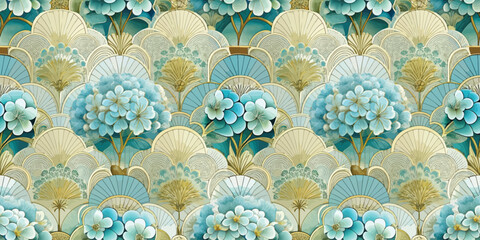 Intricate floral pattern in soothing blue and gold tones.