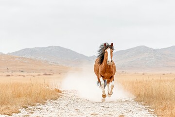 Majestic Horse Galloping on a Dirt Road in a Vast, Open Landscape with Mountains
