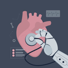 Innovative technology in science medical health care. Hand robot or AI cyborg uses stethoscope doing medical research of human heart health. Virtual interface,