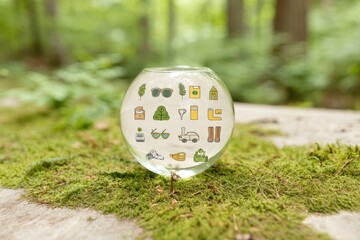 Environmental Icons Encapsulated in a Glass Orb on a Mossy Forest Floor, Illustrating Sustainability
