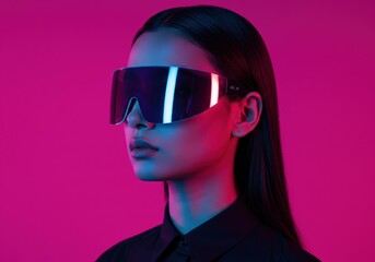 A woman dons futuristic glasses, illuminated by colorful neon lights, in a striking portrait.