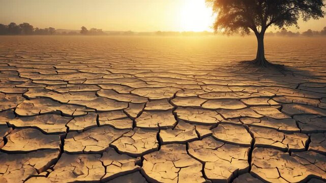 The fields are parched and the earth is cracked due to global warming and the severe afternoon heat.