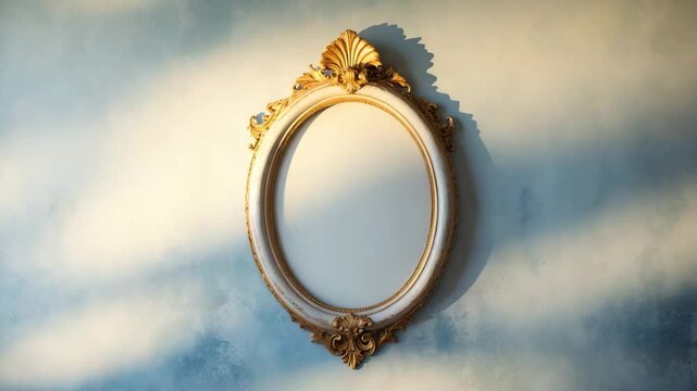 Antique oval frame set against a blue wall background, empty picture frame template.