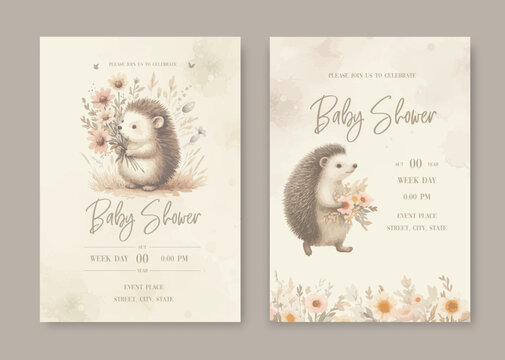 Watercolor Invitation Birthday Template card with watercolor forest cute hedgehog with flowers.