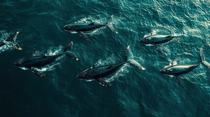 Fototapeta premium Aerial View of Humpback Whales Gracefully Swimming in the Deep Ocean