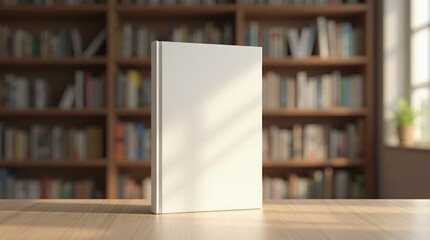 Blank book standing on a wooden surface in a library filled with colorful books in the background