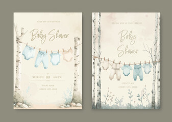 Watercolor Invitation Birthday Template card with children's clothes drying on a clothesline.