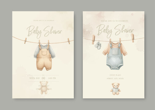 Watercolor Invitation Birthday Template card with children's clothes drying on a clothesline.
