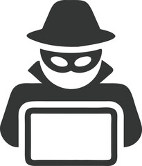 Masked Hacker at Laptop Icon with Hat and Mask on Transparent Background