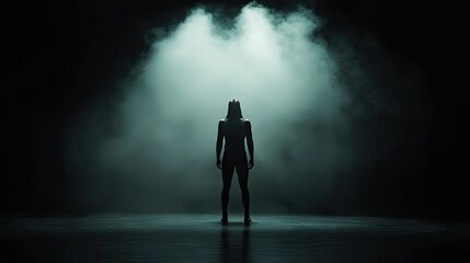 Fototapeta premium A solitary figure stands under a spotlight in atmospheric fog