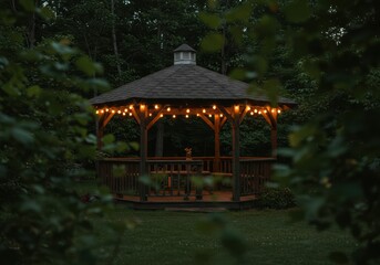 A beautifully lit wooden gazebo set within a peaceful garden, surrounded by lush greenery.