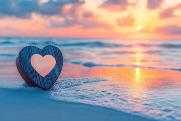 Fototapeta premium A wooden heart rests on the beach at sunset.