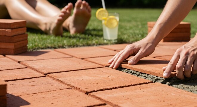 Person laying bricks on ground while relaxing feet in background with lemonade for outdoor renovation concept