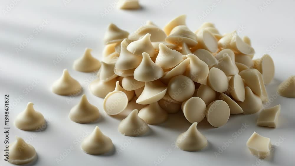 Aufkleber white chocolate chips or drops arranged individually on a backdrop. packaging design element with cl