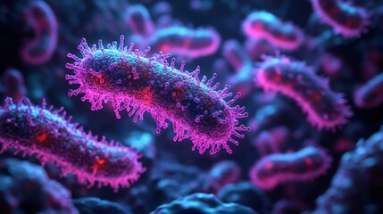 3d bacterial colony thriving a biofilm environment illuminated under UV light showing intricate bacterial formations in stunning microbial world illustration