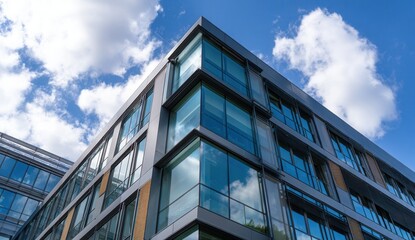Fototapeta premium Modern office building with glass facade under a bright blue sky.