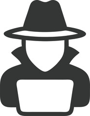 Fototapeta premium Spy Silhouette Icon with Fedora Hat, Laptop, and Anonymous Figure on Transparent