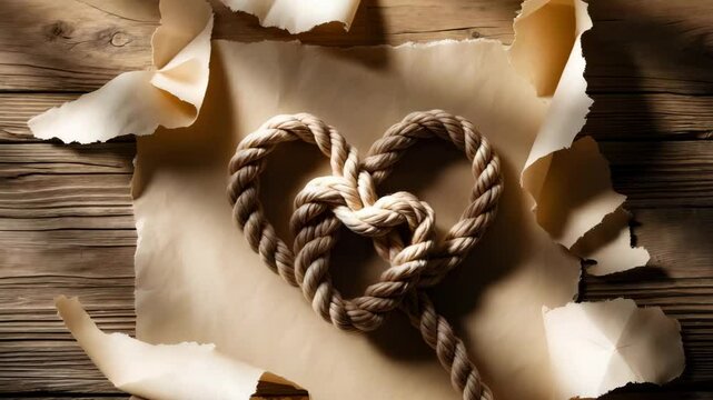 Save the date card or wedding invitation. A heart-shaped rope on handmade parchment paper set against a rustic wooden background. Close-up with text space.