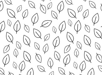 Minimalist seamless vector pattern consisting of numerous outline images of leaves in various sizes and arrangements. Ideal for creating backgrounds, textures, wrapping paper, textiles, web design