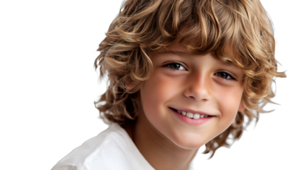 a little boy with blonde hair and a white shirt smiling for a portrait on a transparent background, PNG image, PNG file, Generative art.