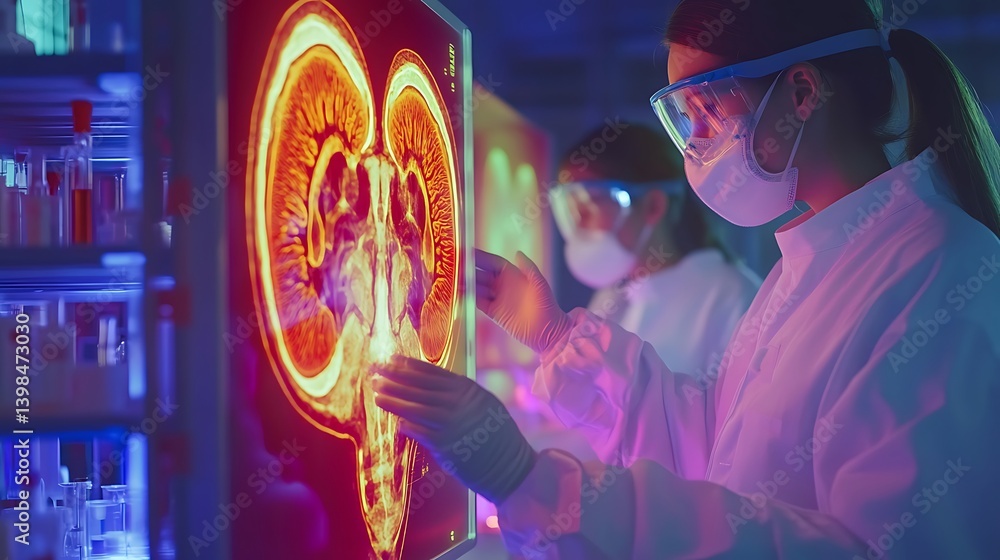 Poster professional researchers standing around a table in a high tech lab closely studying a kidney model 