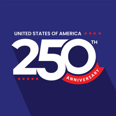 250 years Anniversary banner design to celebrate Independence Day of America on 4th July. Fourth of July banner, poster, card. Number 250 typography design on blue background.