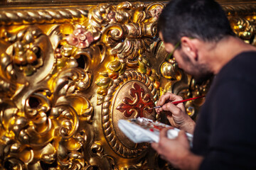 Seville, Spain, Apr 3 2009, Finishing touches added to paso decoration in Seville's Holy Week