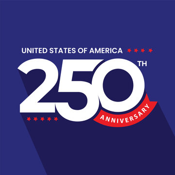 250 years Anniversary banner design to celebrate Independence Day of America on 4th July. Fourth of July banner, poster, card. Number 250 typography design on blue background.