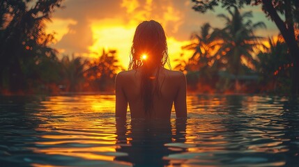 Fototapeta premium Sunset Serenity: A Woman's Silhouette in a Tropical Pool