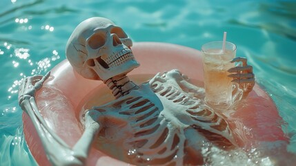 spooky skeleton lounging on pink pool float with cocktail for a fun summerween halloween celebration