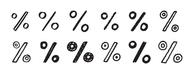 Percentage sign doodle hand drawn icon set. Outline drawing Percentage line clipart symbol collection