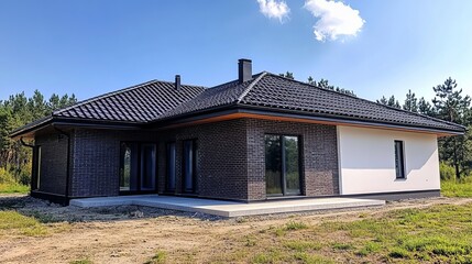The roof of a newly constructed private house on a bright, sunny day.