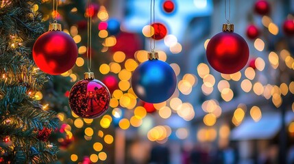 Festive Christmas Ornaments Hanging Against Blurry Lights