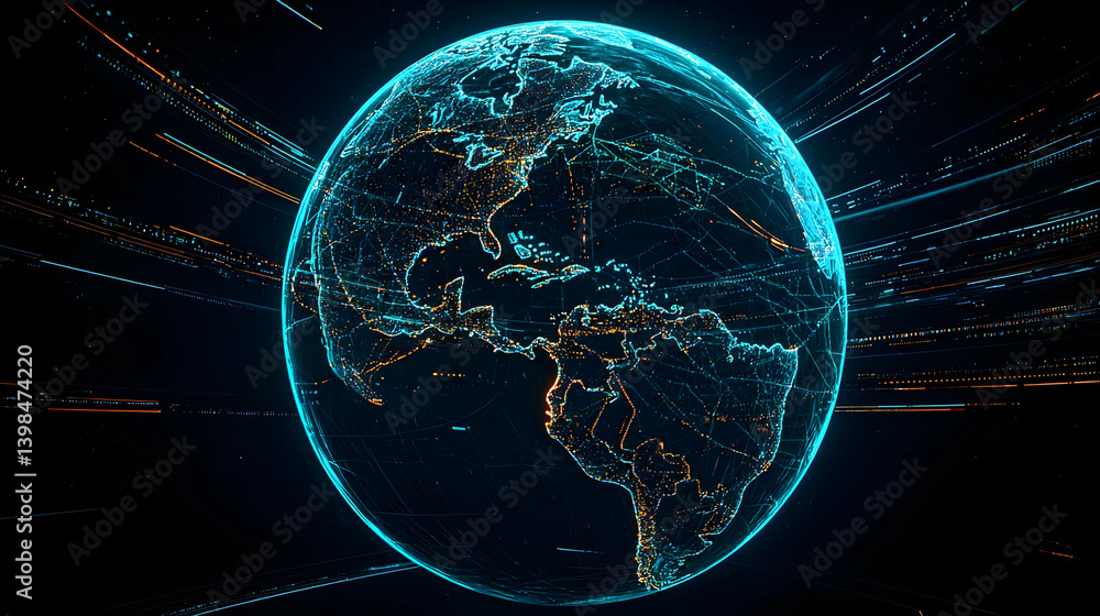 Poster digital representation of earth with glowing lines and points