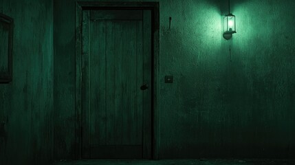 A dim green illuminated doorway presents mystery and foreboding atmosphere