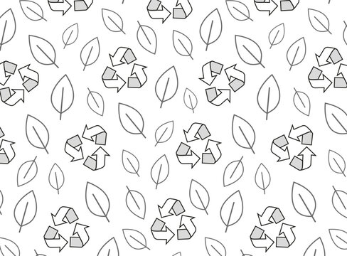  Stylish seamless vector pattern featuring outline images of leaves and the recycle symbol. 