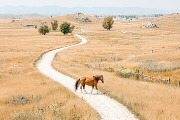 Horse walking on a dirt road through a golden grassy field in the countryside