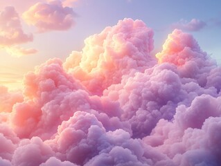 Majestic Pink Cloudscape: A Dreamy Vista of Fluffy Cumulus Clouds Bathed in Golden Sunlight, Capturing the Beauty of a Cotton Candy Sky at Sunset