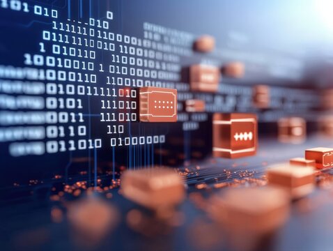Quantum Computer Model concept, Digital circuitry with binary code and vibrant orange accents.