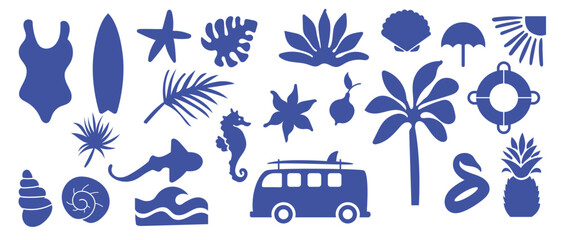 Summer surfboard icon set, vector hand drawn tropical ocean collection paradise vacation beach shape silhouete