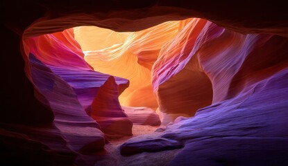 Obraz premium Vibrant hues illuminate a majestic sandstone cave with mesmerizing natural formations.