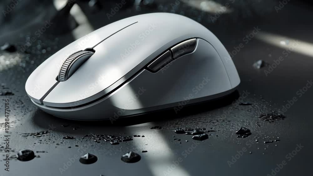 Poster sleek white wireless computer mouse on a dark background with negative space.
