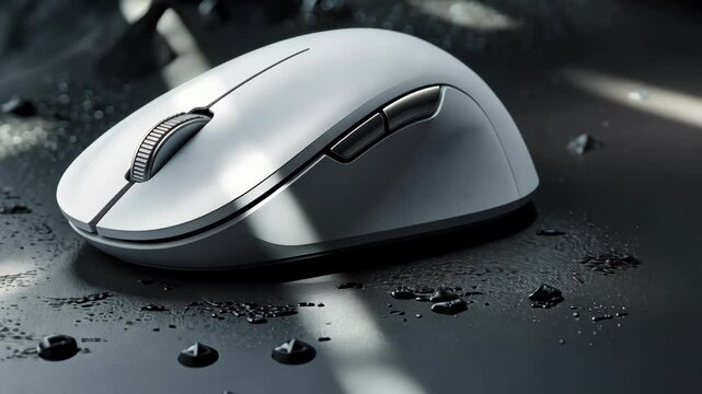 Sleek white wireless computer mouse on a dark background with negative space.