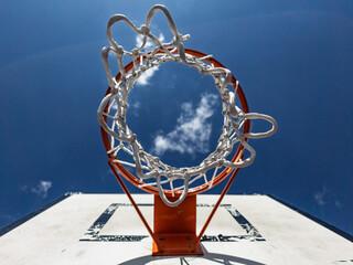 Basketball hoop against a blue sky on a sunny day